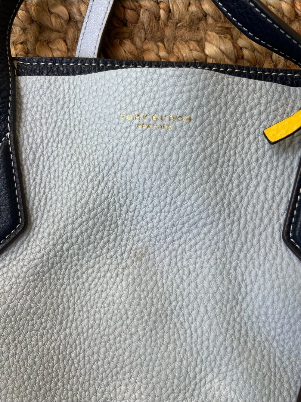 Tory Burch baby blue Pebbled Leather Tote with Orange, Red & Yellow Accents